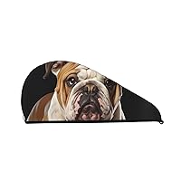 English-Bulldog Print Dry Hair Cap for Women Coral Velvet Hair Towel Wrap Absorbent Hair Drying Towel with Button Quick Dry Hair Turban for Travel Shower Gym Salons
