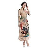 Qipao Women's Silk Printed Colorful Floral Crane Half Sleeve Slim-fit Maxi Long Dress