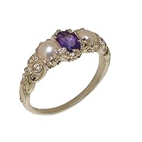 10k White Gold Real Genuine Amethyst & Cultured Pearl Womens Band Ring