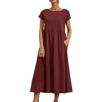 Solid Sleeveless Loose Cotton and Pocket Crew Neck Dress Beach Outfit for Women(RD2,Small)