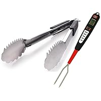 Digital Meat Thermometer and Heavy Duty Tongs BBQ Tools for Grilling Smoking Outdoor Cooking Instant Read Accurate Temperature Probe Long Metal Flipper with 3 Side Silicone Handle