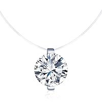 Belons 925 Sterling Silver 8mm Cubic Zirconia Women Girls Solitaire Pendant Necklace Invisible Nylon Chain Choker