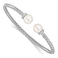 18k White Gold Diamond and Freshwater Cultured Pearl Cuff Stackable Bangle Bracelet Measures 8mm Wide Jewelry Gifts for Women