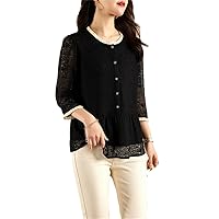 Mulberry Silk Embroidery Shirt for Women Hollow Out Elegant Chic Shirt Crew Neck Button Blouse