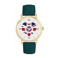 Queen's Platinum Jubilee Union Jack Heart Watch 2022 for Women, Analogue Display, Japanese Quartz Movement Watch with Dark Green Leather Strap, Custom Made