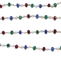 Ruby Emerald Blue Sapphire 3MM Faceted Rondelle Gemstone Beaded Rosary Chain by Foot For Jewelry Making - 24K Gold Plated Over Silver Handmade Wire Wrapped Bead Chain Necklaces