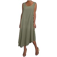 Women Casual Cotton Linen Tank Dress Summer Square Neck Sleeveless Side Button Irregular Hem Flowy Beach Maxi Sundresses