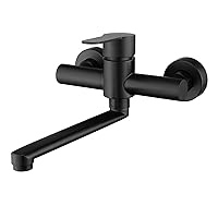 HomeLava 360° Rotatable Kitchen Tap Wall Mounted Kitchen Mixer Taps Wall Fitting Single Lever Mixer Tap Brushed Stainless Steel Black Spout 225 mm