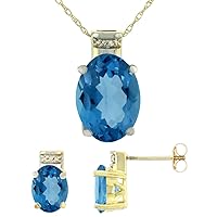 10K Yellow Gold Diamond Natural London Blue Topaz Earring Necklace Set Oval 8x6mm & 14x10mm, 18 inch long