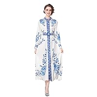 Spring Autumn Bohemian Women Printed Maxi Dress Stand Collar Long Lantern Sleeve Split Belted Party Vestido