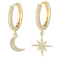 Fashion Star Moon Drop Pendant Earrings for Women Mini Zircon Retro Geometric Hoop Earrings Wendding Jewelry, M, Zinc, No Gemstone