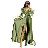 Tsbridal Long Sleeve Sequin Prom Dresses with Slit Satin Formal Evening Party Gowns for Women