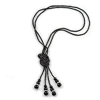 2 Strand Black Glass Bead Long Lariat Necklace - 118cm L