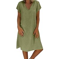 Plus Size Linen Dresses for Women Summer 2023 V Neck Short Sleeve Tunic Dresses Solid Loose Fit Beach Vacation Dress