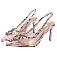 Clear Heels For Women, Clear Crystal Rhinestone Heels For Wedding Shoes, Pointed Toe Gold Sparkly Heeled Sandals.