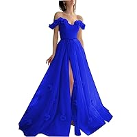 3D Flower Tulle Prom Gowns for Teens 2024 Long Off Shoulder Sweetheart A-Line Puffy Formal Gowns and Evening Dresses Royal Blue 12