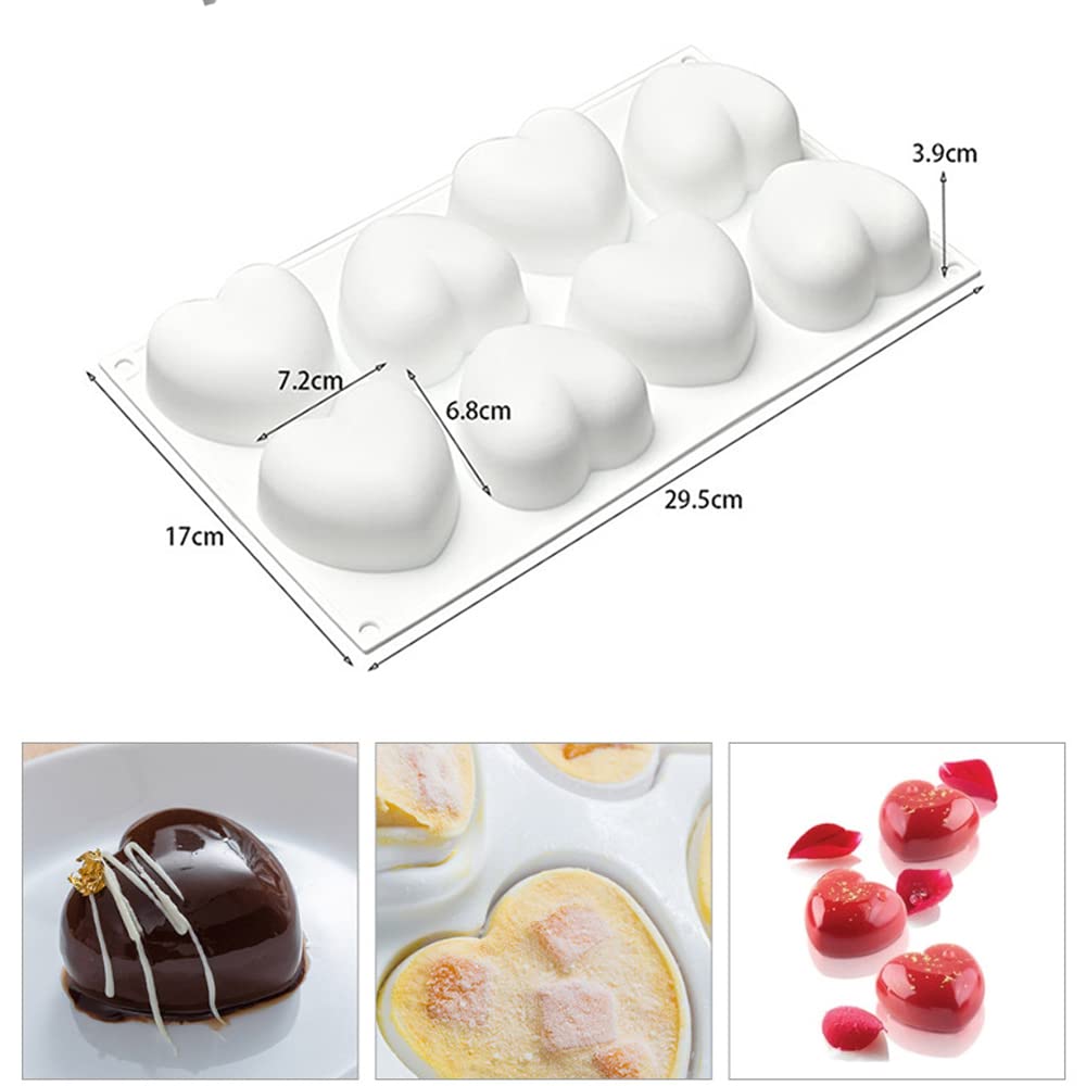 Heart Shaped Chocolate Mold Multiple Cube Molds, Silicone Mold for Baking Chocolate Cake and Making 3D Handmade Candles, Diy Tools for Mousse Dessert Jelly Pudding (8-Cavity 2 Pcs)