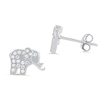 Rhodium Plated Sterling Silver Cubic Zirconia Lucky Elephant Womens Earrings, Tiny cartilage earrings Studs for Girls - 9mm