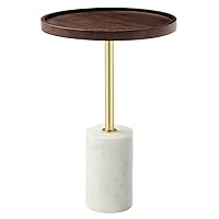 Modway EEI-6607-WHI-WAC Amina, White Walnut Round Acacia Wood Side Table for Living Room Marble Base