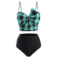 Bikini Swimsuit for Women Padded Swimwear Two Piece Bathing Suits Set Plaid Bow Push Up Tankini Swimwear