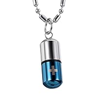 OIDEA Stainless Steel Pill Case Capsule Cross Medicine Keepsake Pendant Necklace Mens Unique Pendant Necklace for Women,Silver and Blue 22 inch Chain Include