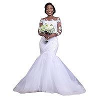 Melisa Illusion Key-Hole Beaded Bridal Ball Gowns Train Lace Mermaid Wedding Dresses for Bride 2023 Long Sleeve