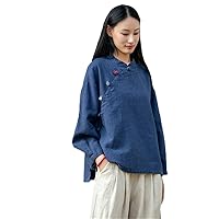 Chinese Style Casual Tops Spring and Autumn Women White Retro Wind Buttons Cotton Linen Plate Buckle Blouse