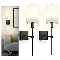Battery Operated Wall Sconce Set of 2 with Remote Control, White Fabric Shade Dimmable USB Rechargeable Battery Bulb Wall Light,Indoor Wall Lamp for Bedroom Living Room,Black
