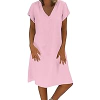 Western Dress for Women,Women's Summer Cotton Linen Short Sleeve Dress Crew Neck Loose Casual Tunic Beach Dresses