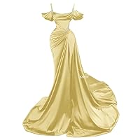 Women's Spaghetti Straps Prom Dresses Satin Beaded Long Mermaid Formal Evening Cocktail Party Gowns with Sexy Slit