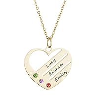 MRENITE 10K 14K 18K Gold Personalized Birthstones Heart Shape Necklace Engraving 1-4 Names Anniversary Birthday Jewelry Gift for Her