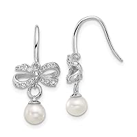 11.8mm Cheryl M 925 Sterling Silver Rhodium Plated Fw Cultured Pearl Brilliant cut CZ Bow Shepherd Hook DReligious Guardian Angel Earrings Measures 25.5x11.8mm Wide Jewelry for Women