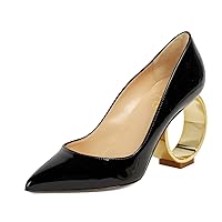 XYD Women Office Ladies Chic Pointed Toe Pumps Slip On Heels Unique Metal Round Circle Club Event Evening Dress Shoes