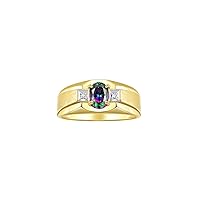 Rylos Men's Rings Classic Design 7X5MM Oval Gemstone & Sparkling Diamond Ring - Color Stone Birthstone Rings for Men, Yellow Gold Plated Silver Rings in Sizes 8-13.