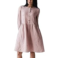 Women's Fashion Casual Solid Color Round Neck Pocket Button Long Sleeve Cotton Linen Dress with Comfortable