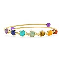 Spiritual Multicolor Colorful Healing Gemstone Yoga Chakra Bangle Small Wrist Dainty Faceted Stagger Rainbow Tourmaline Caviar Seed Beads Bracelet Earrings for Women 18K Yellow Gold Plated Adjustable