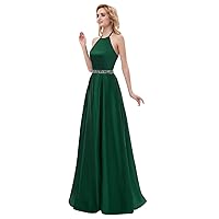 Women's Halter Prom Dresses Satin Beaded Floor Length Evening Party Bridesmaid Gowns