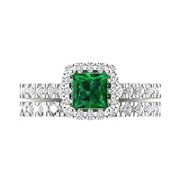 1.57ct Princess Cut Halo Pave Solitaire with Accent Simulated Green Emerald Statement Bridal Ring Band Set 14k White Gold