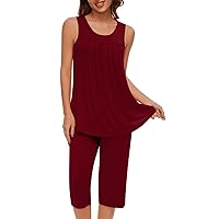 Womens Sleeveless Pajamas Set Pleated Front 2Pcs Outfits Summer Scoop Neck Tank Tops and Capri Pants Loungewear Sets