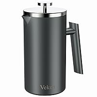 Veken French Press Plunger Coffee Tea Maker 34 Ounce 1 Liter, Double Wall Vacuum Insulated Stainless Steel Coffee Press with 4 Filter Screens for Camping Travel Gifts, Dishwasher Safe, Grey
