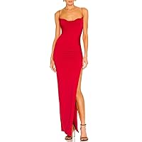Aigeman Womens Spaghetti Straps Sexy Backless Cowl Neck Maxi Dress Ruched High Slit Bodycon Cocktail Party Dresses 160