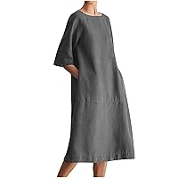 Short Sleeve Linen Dresses for Women 2024 Casual Loose Long Sundress with Pockets Wrap Dresses Summer Vocation Dress Trendy