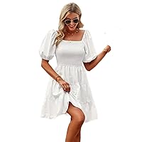 Women's Puff Sleeve Square Collar Party Dress Vintage Ruffles Solid Mini Dresses