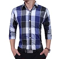 Men Slim Fit Long Sleeve Cotton Shirt Plaid Casual Button Plaid Tops