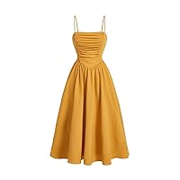 Women's 2024 Summer Casual Cami Long Dress Yellow Solid Color Pleated Waist Cami Dress
