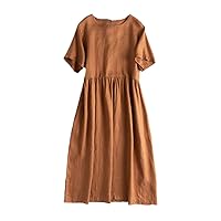 Summer Women Cotton Linen Dresses Vintage Short Sleeve Casual Loose Back Bandage Party Club Dress with Pockets