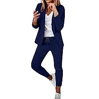 Women's Business Outfits Two Piece Blazers Pants Set Dressy Casual Office Work Outfit Solid Slim Elegant Suit Sets Long Sleeve Sets Fall Womens Fashion 2022 Navy