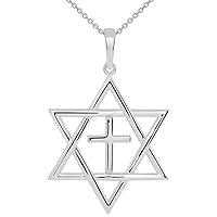 14k White Gold Medium Jewish Star of David with Religious Cross Judeo Christian Pendant Necklace