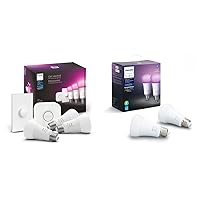 White and Color Ambiance Medium Lumen (75W) & White and Color Ambiance 2-Pack A19 LED Smart Bulb, Bluetooth & Zigbee Compatible (Hue Hub Optional)