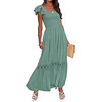 ZESICA Women's 2024 Summer Lace Strap Sleeveless Square Neck Smocked High Waist Ruffle Hollow Out Flowy A Line Maxi Dress,Green,Small